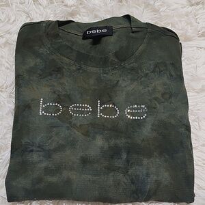 bebe VTG Olive Marbled Tie Dye Top Body Con Baby Tee 90s Rhinestone Logo